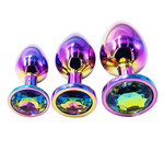 PASSION PLACE  RAINBOW METAL ANAL PLUG SET (3 SIZES) WITH CRYSTAL ROUND GEM BASE