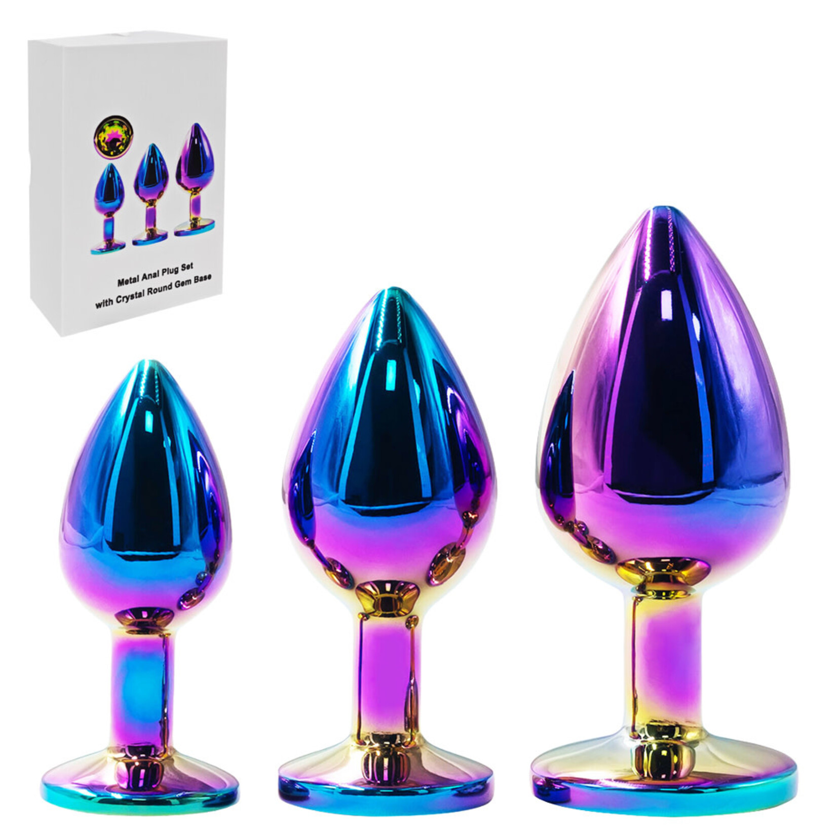 PASSION PLACE  RAINBOW METAL ANAL PLUG SET (3 SIZES) WITH CRYSTAL ROUND GEM BASE