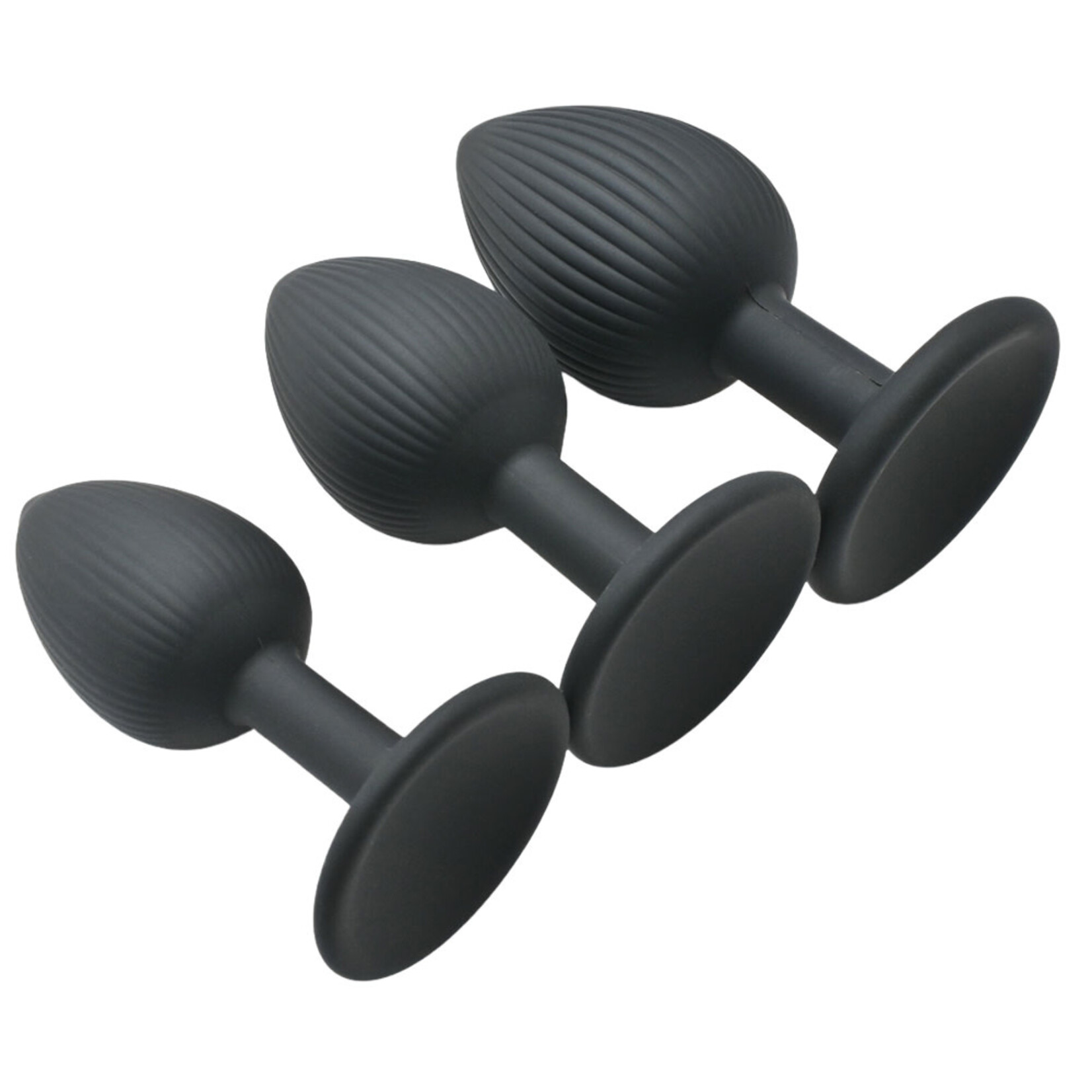 PASSION PLACE  RIBBED TEXTURE BLACK SILICONE ANAL PLUG TRAINING KIT (3 SIZES)