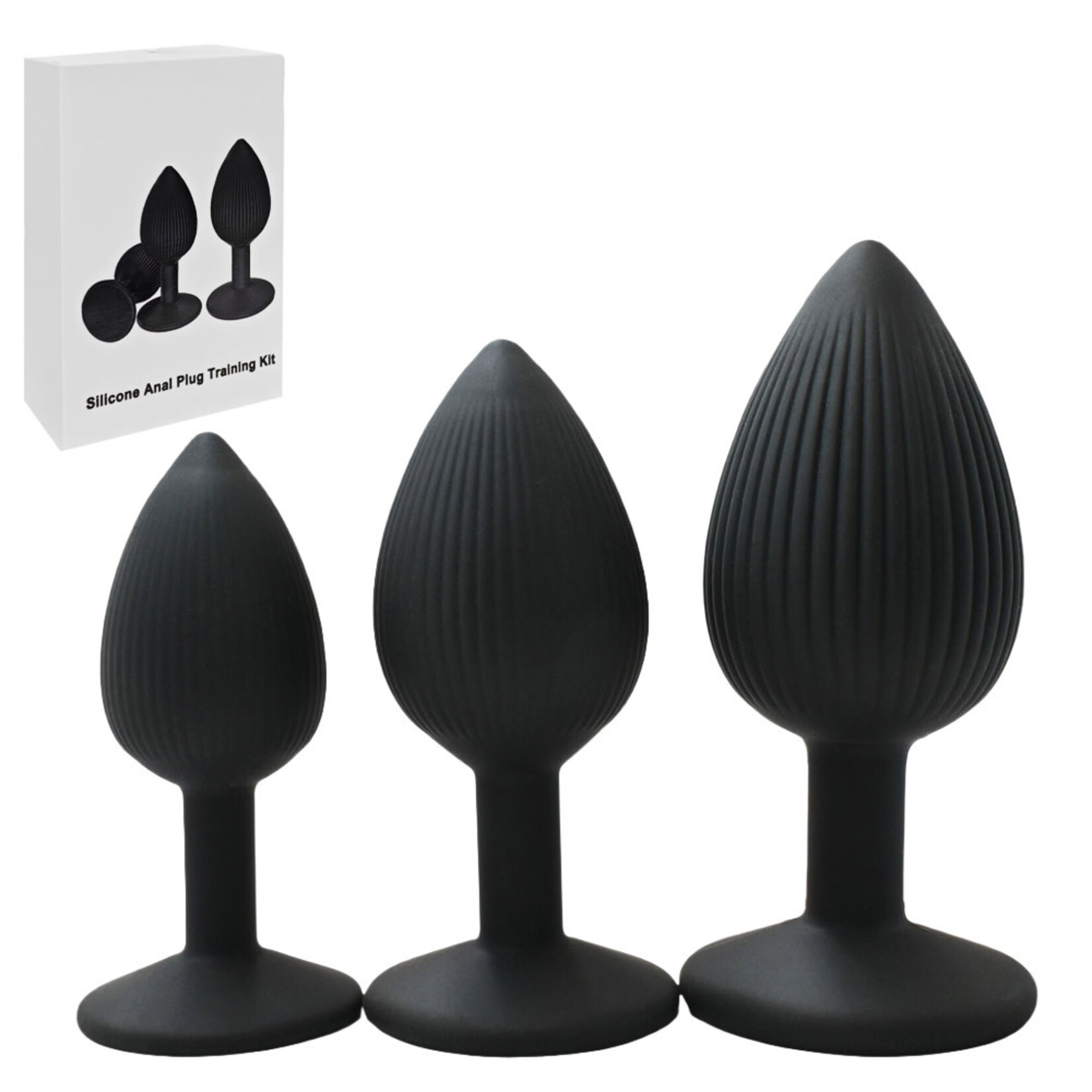 PASSION PLACE  RIBBED TEXTURE BLACK SILICONE ANAL PLUG TRAINING KIT (3 SIZES)