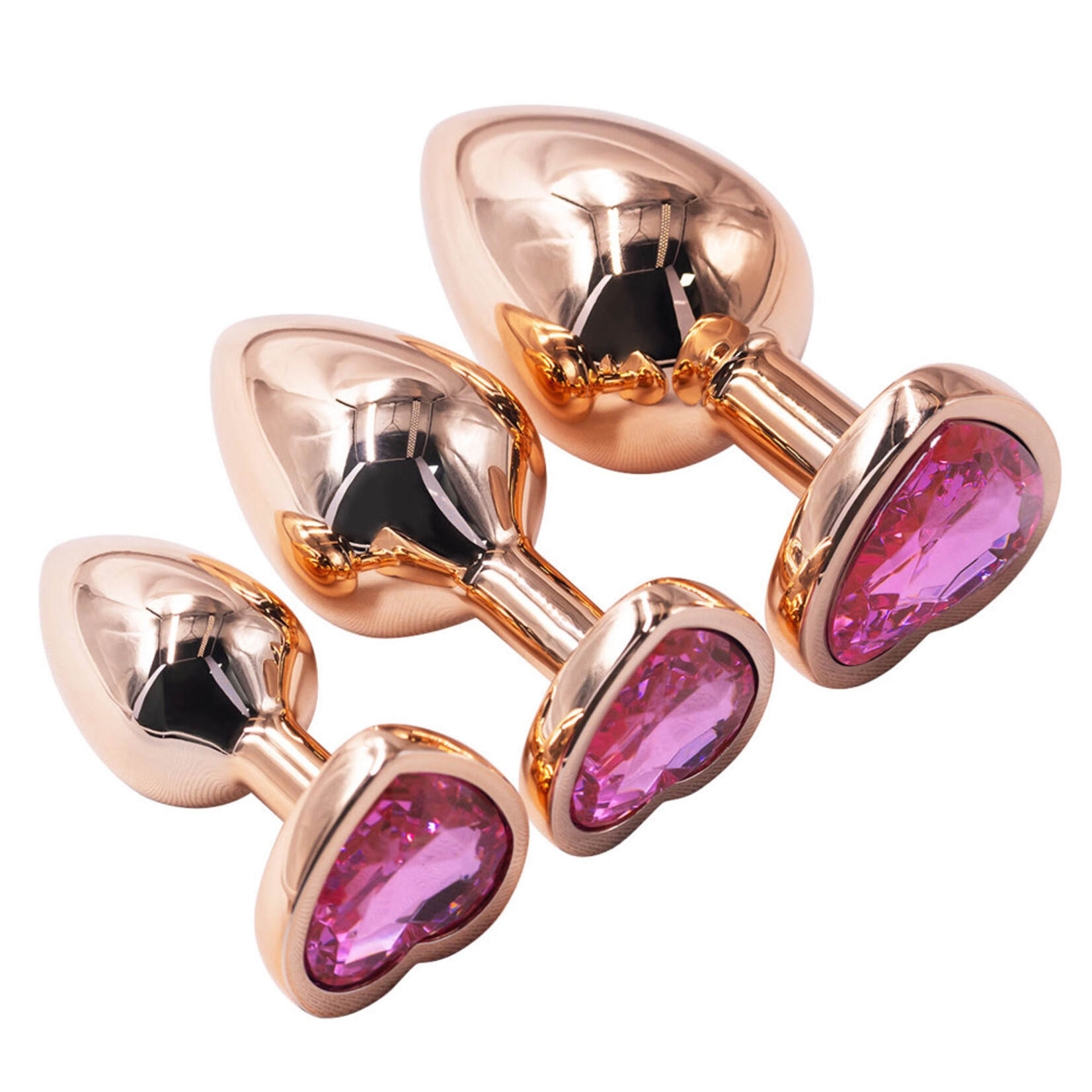 PASSION PLACE  ROSE GOLD METAL ANAL PLUG SET (3 SIZES) WITH HEART-SHAPED PINK GEM BASE