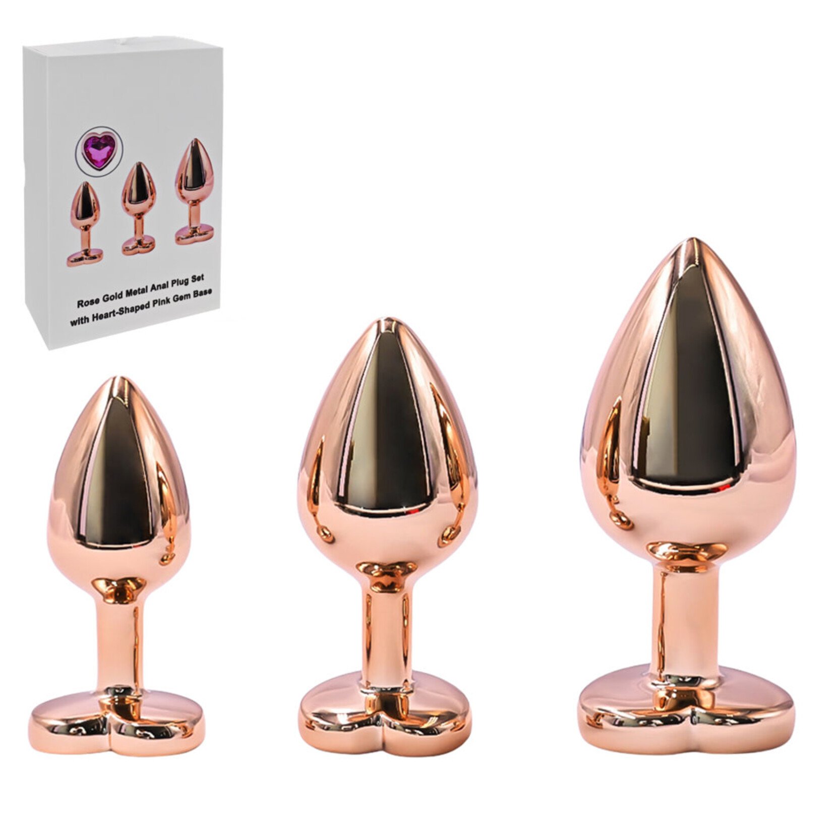 PASSION PLACE  ROSE GOLD METAL ANAL PLUG SET (3 SIZES) WITH HEART-SHAPED PINK GEM BASE