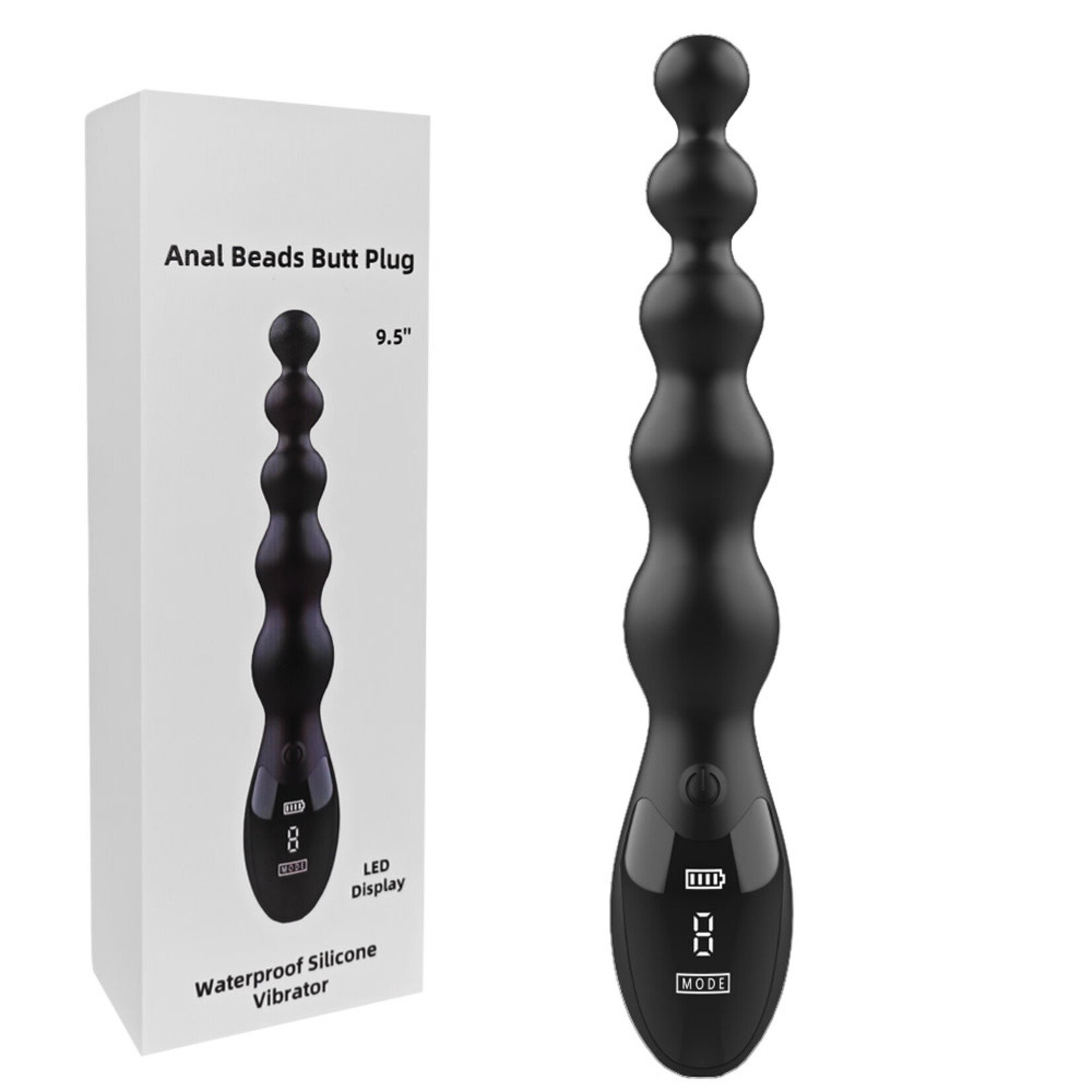 PASSION PLACE 9.46'' 9-MODE BLACK RECHARGEABLE WATERPROOF SILICONE VIBRATING ANAL BEADS WITH LED DISPLAY