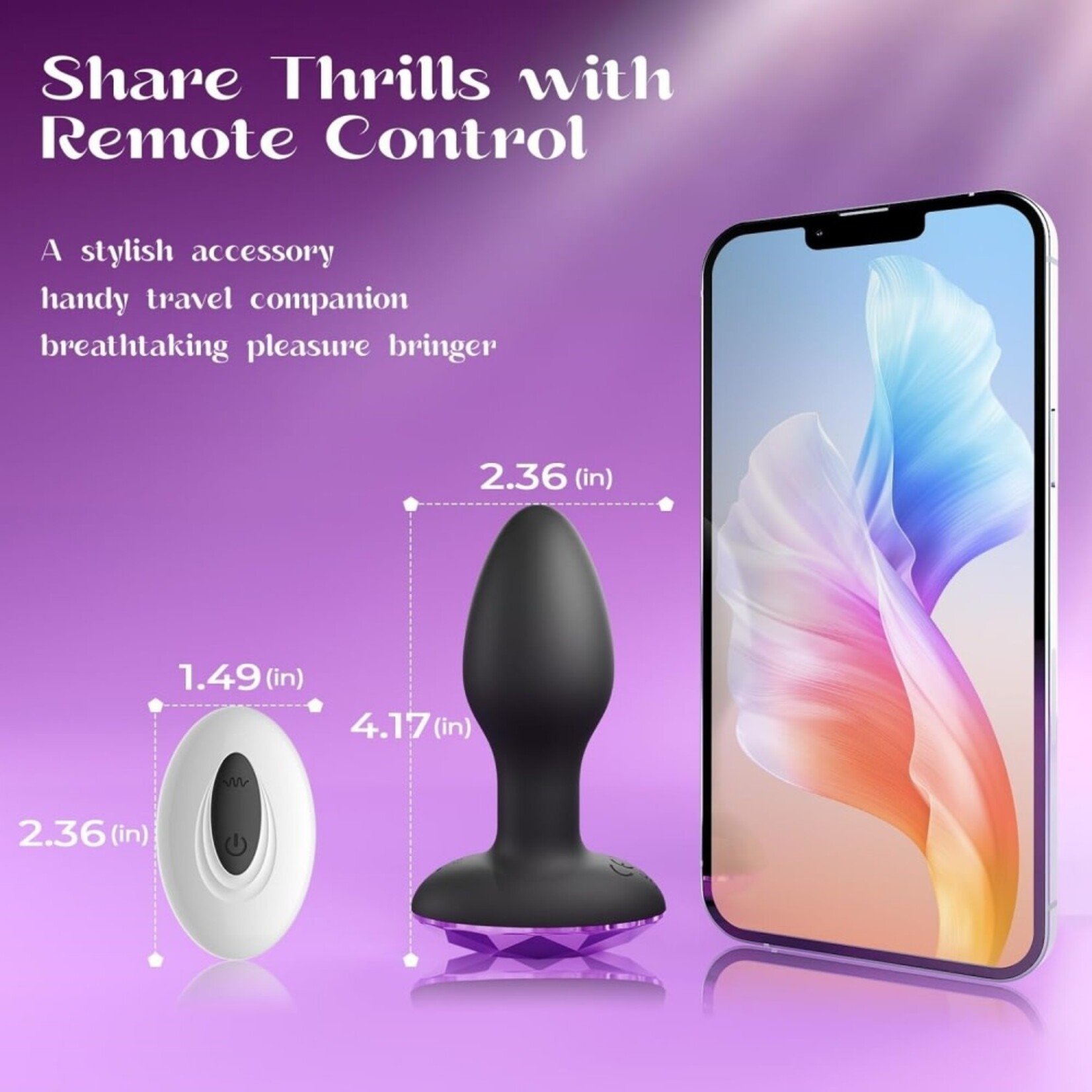 PASSION PLACE 10-SPEED BLACK SILICONE VIBRATING & ROTATING BUTT PLUG WITH REMOTE CONTROL AND PURPLE CRYSTAL BASE
