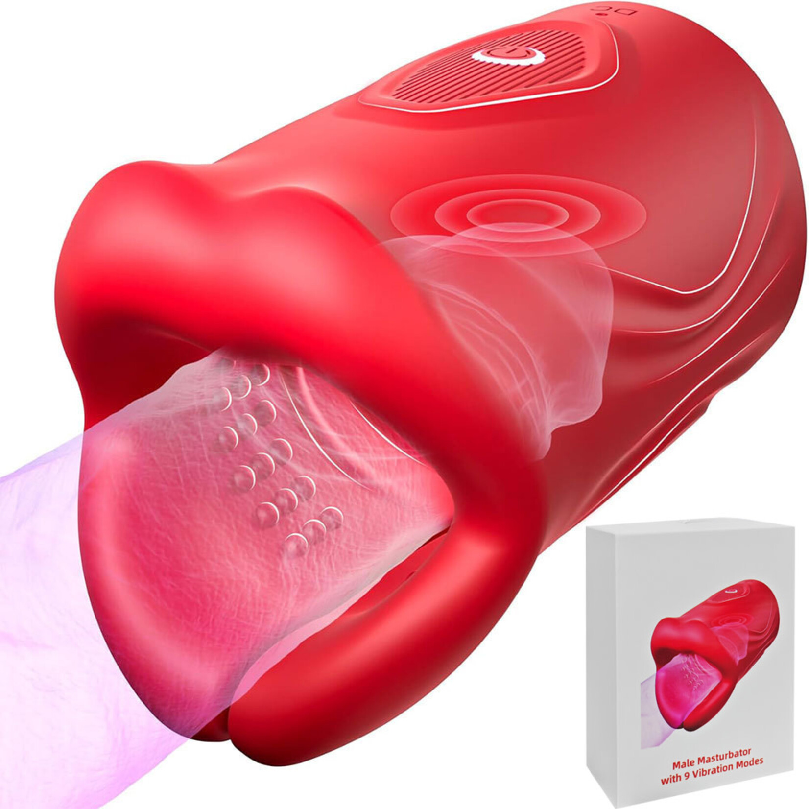 PASSION PLACE 3.94 INCH RED 9-SPEED APP-CONTROLLED WATERPROOF RECHARGEABLE SILICONE TONGUE MALE MASTURBATOR