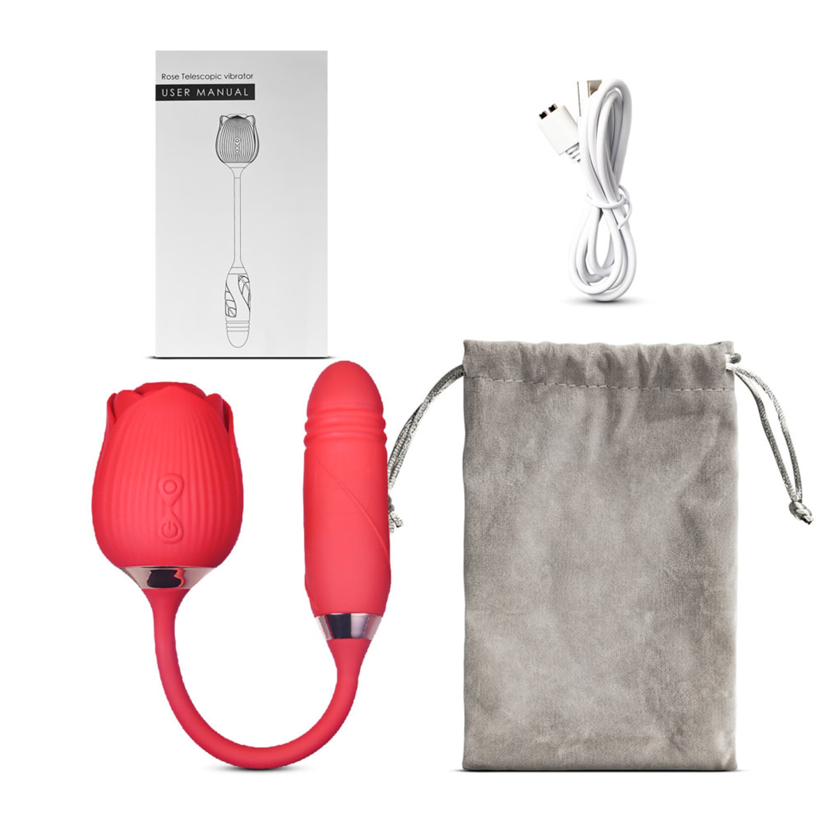 PASSION PLACE 10-SPEED RED COLOR SILICONE CLITORAL SUCKING ROSE WITH THRUSTING VIBRATOR
