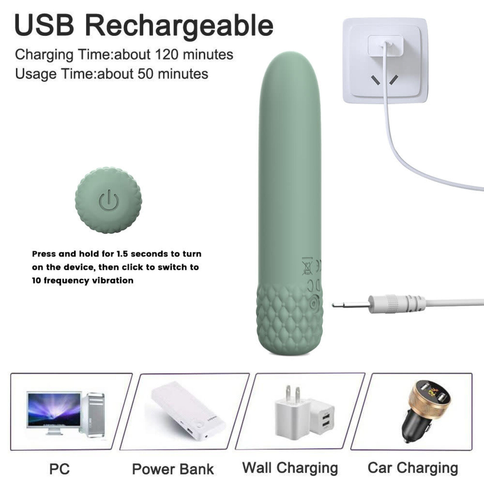 PASSION PLACE 4.85" SAGE GREEN FULL-SILICONE FLEXIBLE BULLET VIBRATOR - 10 VIBRATION MODES, SEAMLESS DESIGN, USB RECHARGEABLE, WATERPROOF