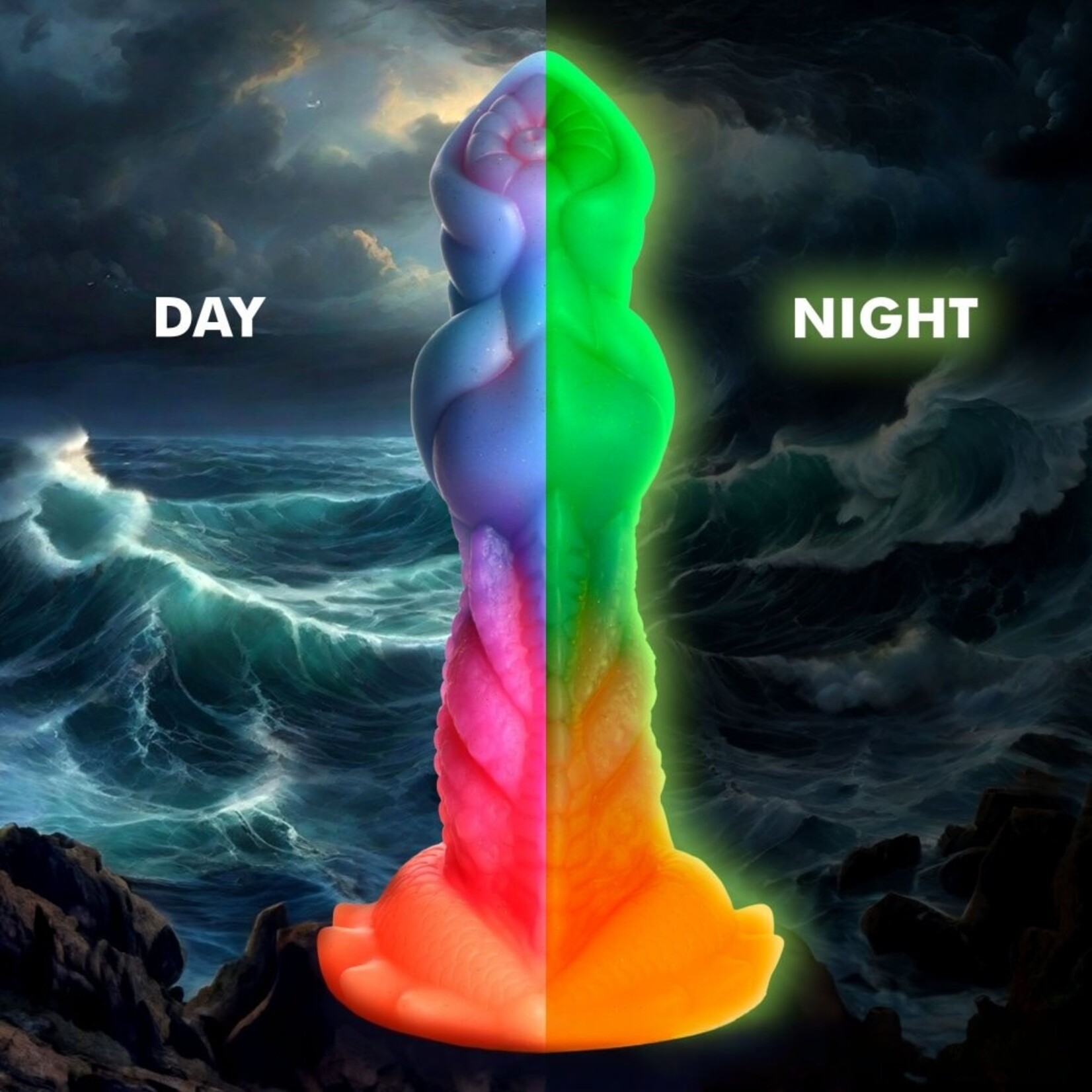 PASSION PLACE 7.49" MULTICOLOR GLOW-IN-THE-DARK TEXTURED ALIEN DESIGN FANTASY SILICONE DILDO WITH SUCTION BASE
