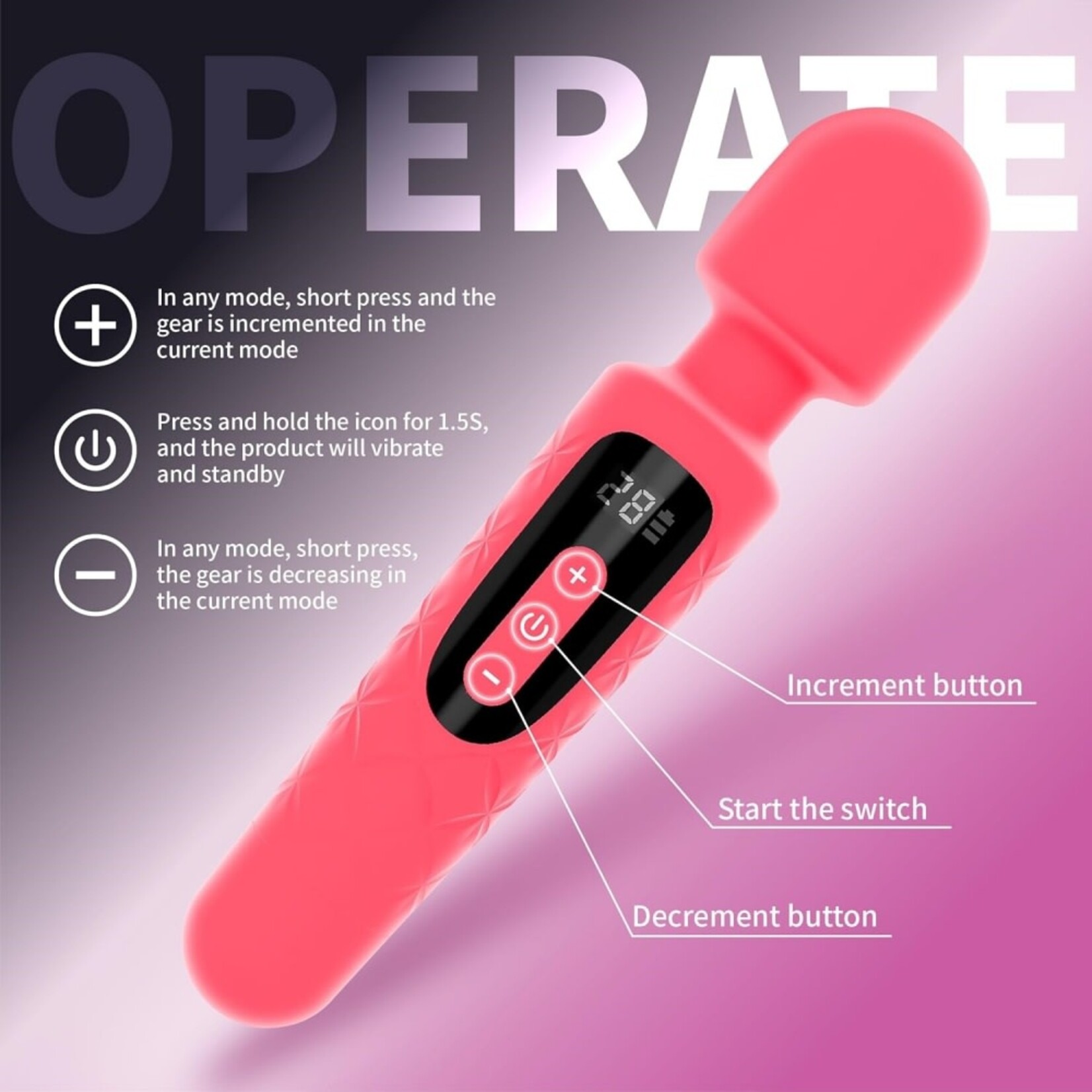 PASSION PLACE 30-MODE MAGENTA RECHARGEABLE WATERPROOF SILICONE WAND VIBRATOR WITH PAOWERFUL MOTOR AND LED DISPLAY