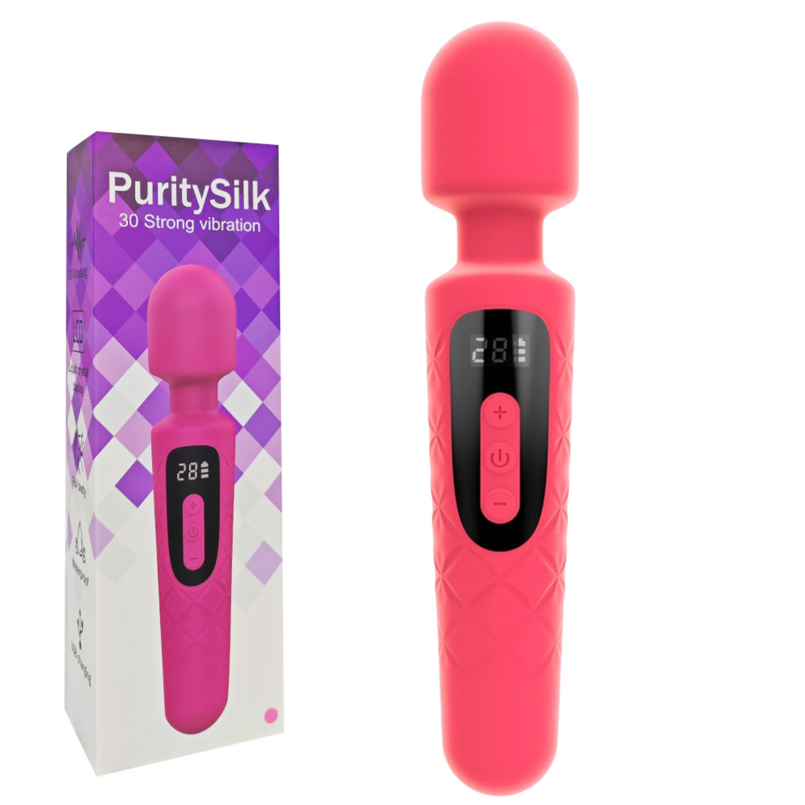 PASSION PLACE 30-MODE MAGENTA RECHARGEABLE WATERPROOF SILICONE WAND VIBRATOR WITH PAOWERFUL MOTOR AND LED DISPLAY