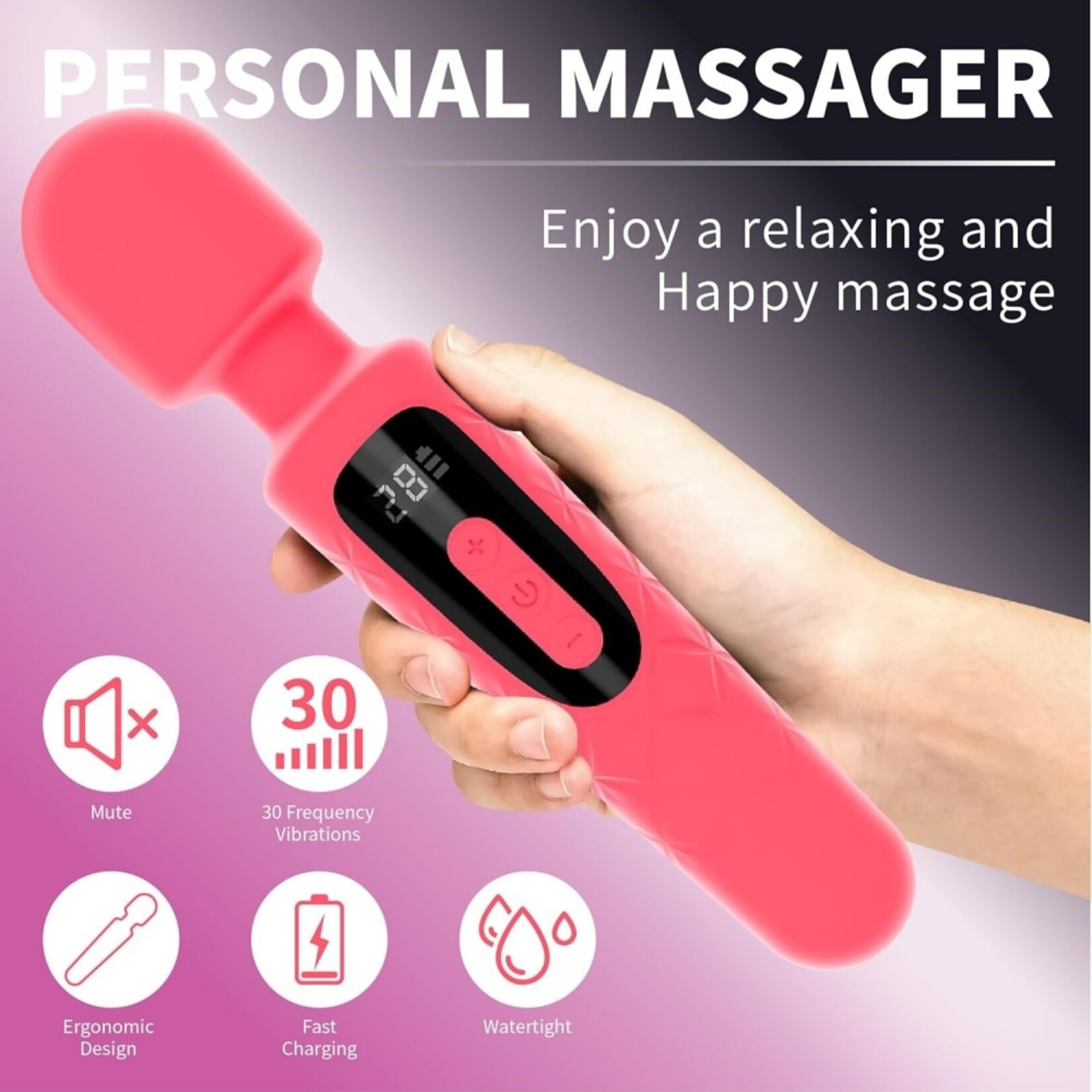 PASSION PLACE 30-MODE MAGENTA RECHARGEABLE WATERPROOF SILICONE WAND VIBRATOR WITH PAOWERFUL MOTOR AND LED DISPLAY