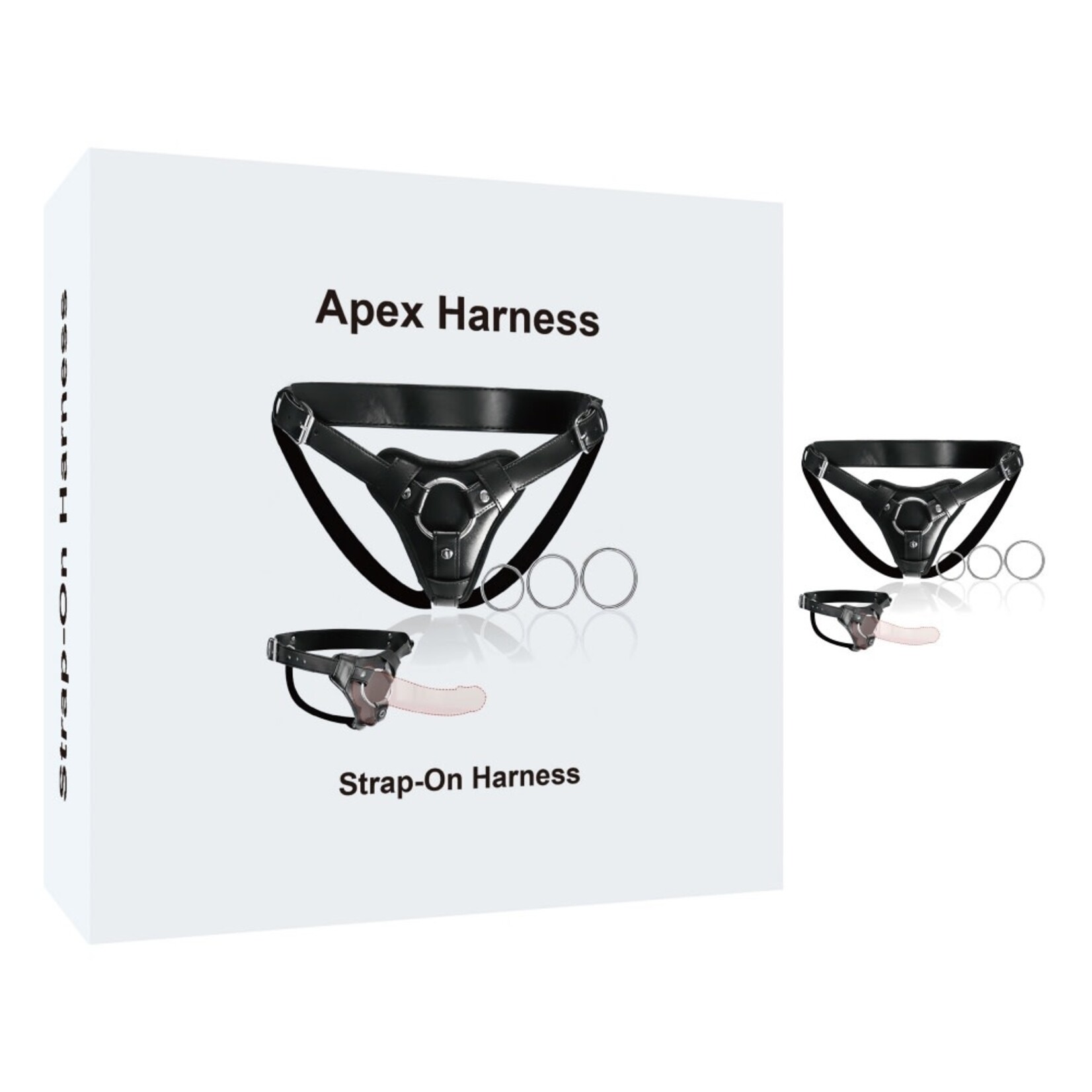 PASSION PLACE ADJUSTABLE BLACK PU STRAP-ON HARNESS WITH 2-SIZE METAL O-RINGS
