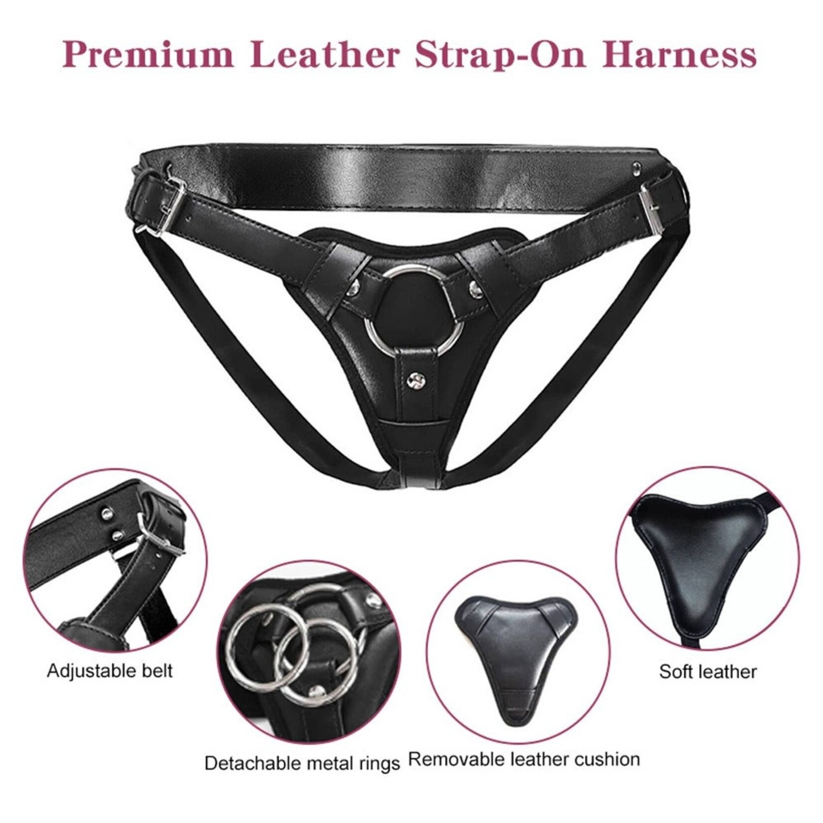 PASSION PLACE ADJUSTABLE BLACK PU STRAP-ON HARNESS WITH 2-SIZE METAL O-RINGS