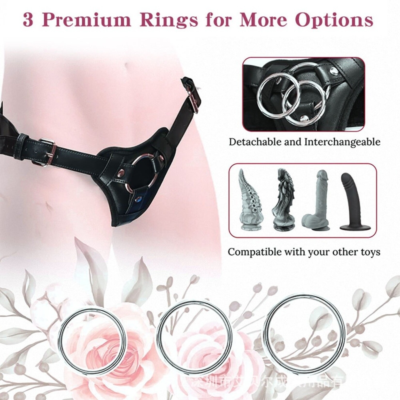 PASSION PLACE ADJUSTABLE BLACK PU STRAP-ON HARNESS WITH 2-SIZE METAL O-RINGS