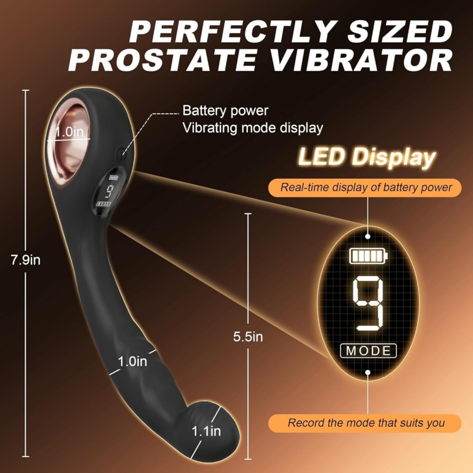 PASSION PLACE 8.08" BLACK RECHARGEABLE SILICONE G-SPOT VIBRATOR - 9 VIBRATING MODES CURVED PRESSURE-TIP DESIGN