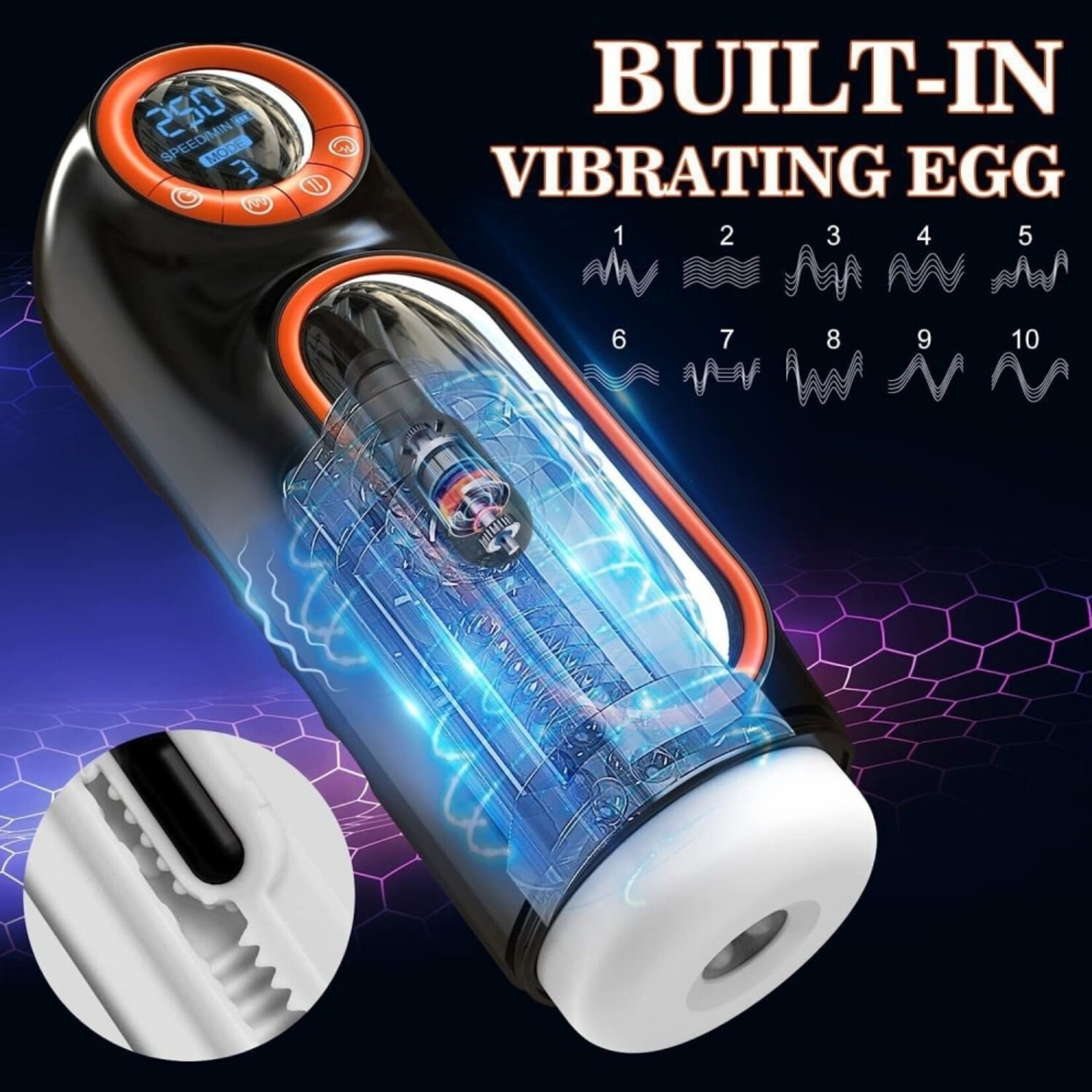 PASSION PLACE 10-SPEED SUCKING, THRUSTING & VIBRATING WATERPROOF AUTOMATIC MALE MASTURBATORS IN BLACK WITH SOUND EFFECTS