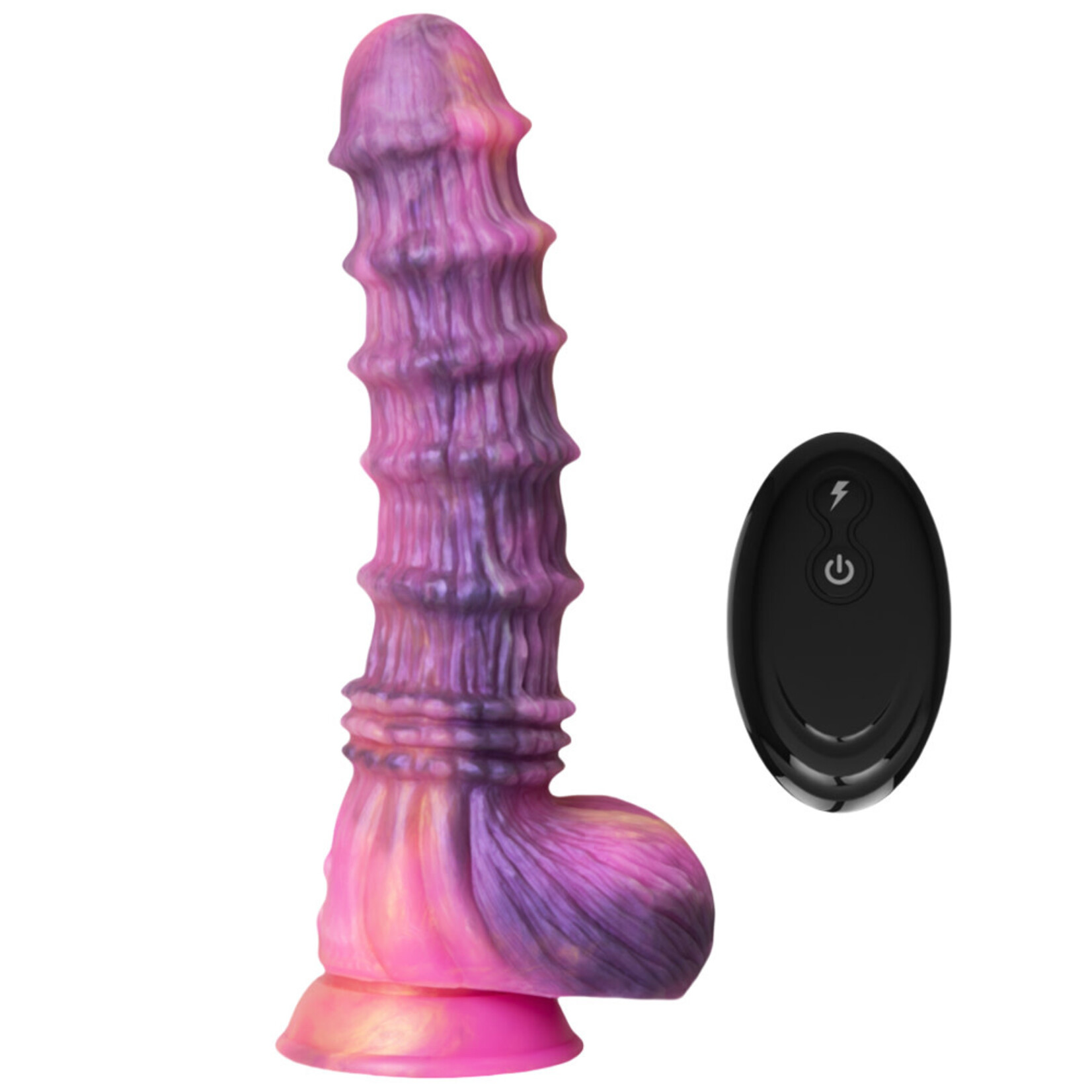 PASSION PLACE 11 INCH 8-MODE MULTICOLOR EXTRA-LARGE MULTICOLOR REMOTE-CONTROLLED VIBRATING SILICONE DILDO WITH BEADED DESIGN AND STRONG SUCTION CUP