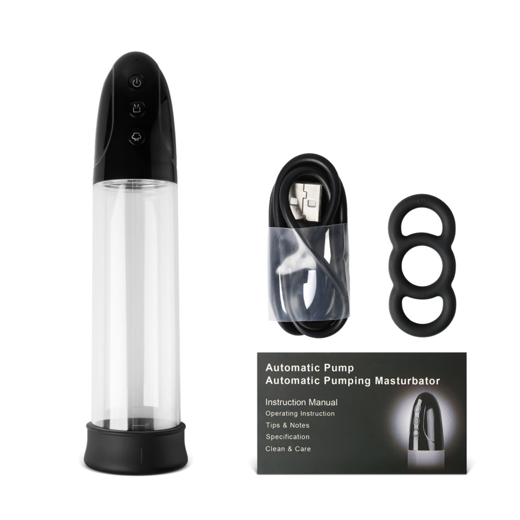 PASSION PLACE USB PORT RECHARGEABLE 3 SPEEDS AUTOMATIC PENIS PUMP WITH BLACK SLEEVE I ( FREE COCK RING )