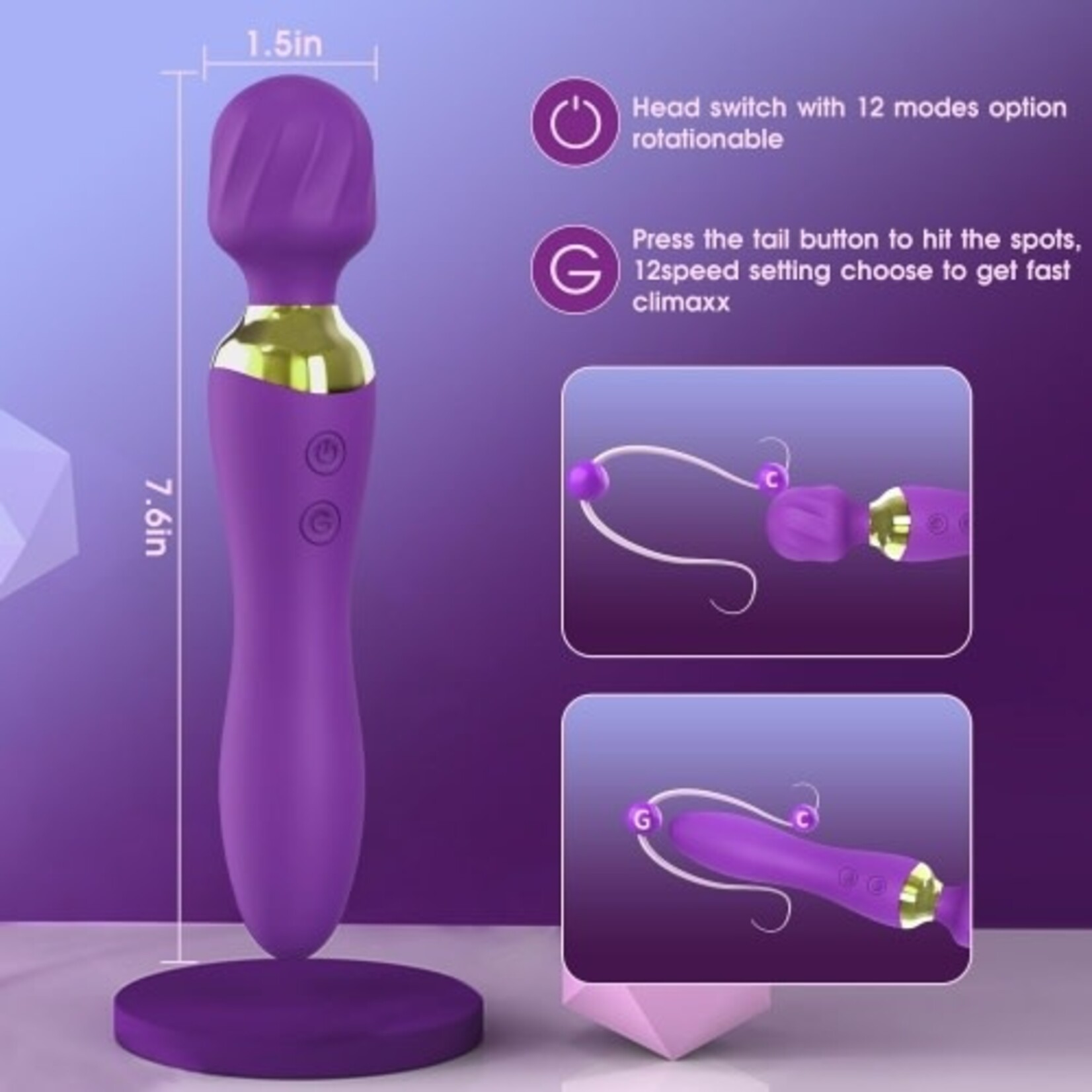 PASSION PLACE 7.88" 12-MODE PURPLE RECHARGEABLE WATERPROOF SILICONE VIBRATOR