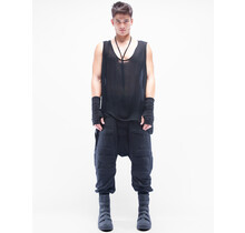 Limited edition  Super detailed slightly waxed elastic denim hooded overall, with neoprene pads middle sleeve, zipped pockets, elastic belt closing by zipper