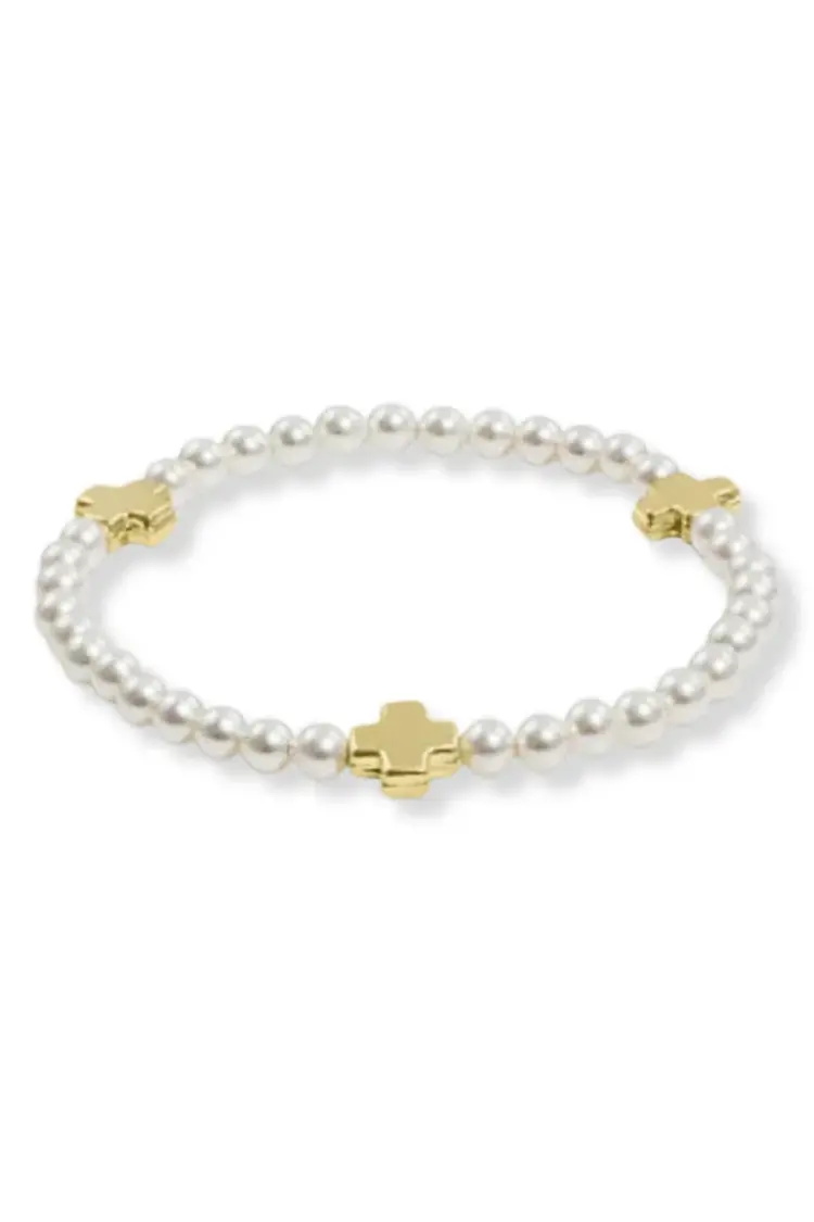 eNewton Signature Cross Pearl Pattern 4mm Bracelet / Gold