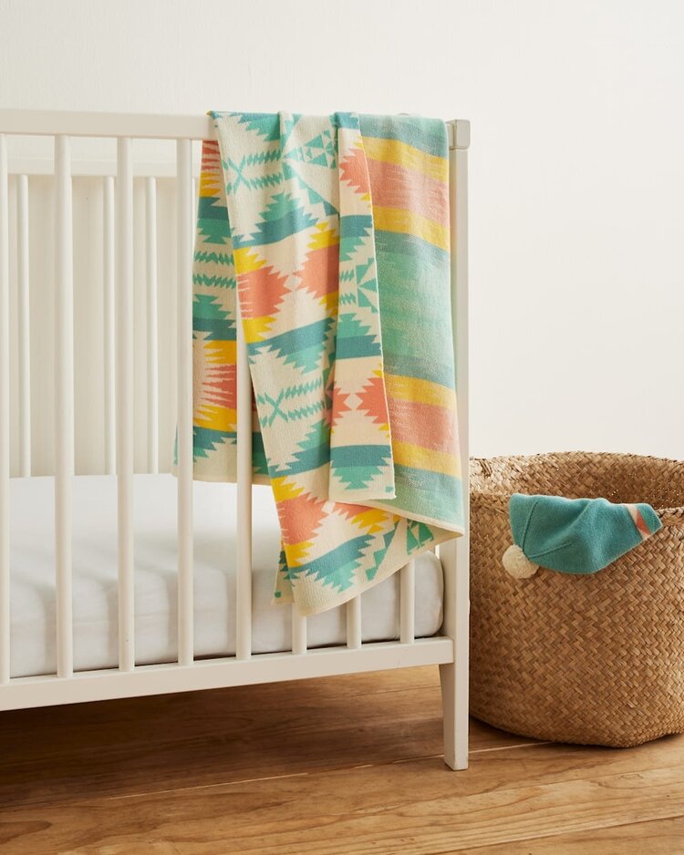 Pendleton Knit Baby Blanket with Beanie / Tan Multi