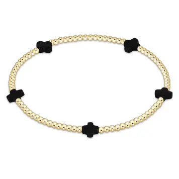 eNewton Signature Cross Small Gold Pattern 2mm Bead Bracelet / Onyx