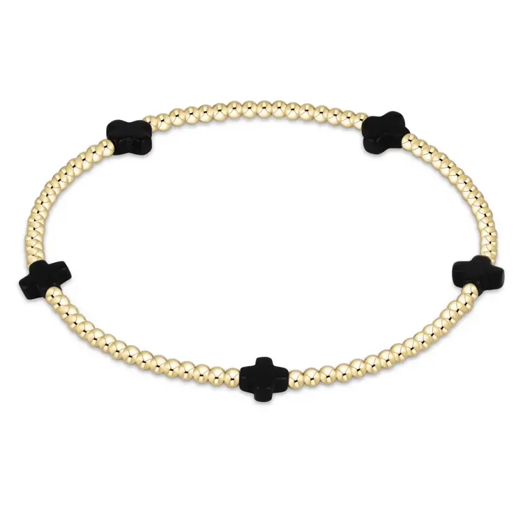 eNewton Signature Cross Small Gold Pattern 2mm Bead Bracelet / Onyx