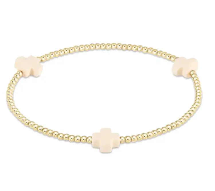 eNewton Signature Cross Gold Pattern 3mm Bead Bracelet / Off White