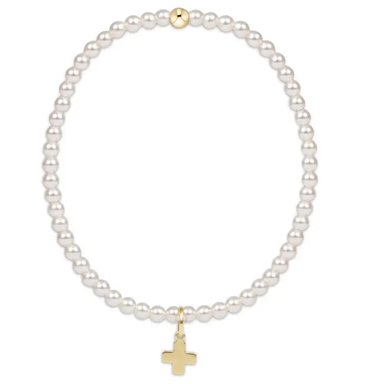 eNewton Classic Pearl 3MM Bracelet - Signature Cross Gold Charm