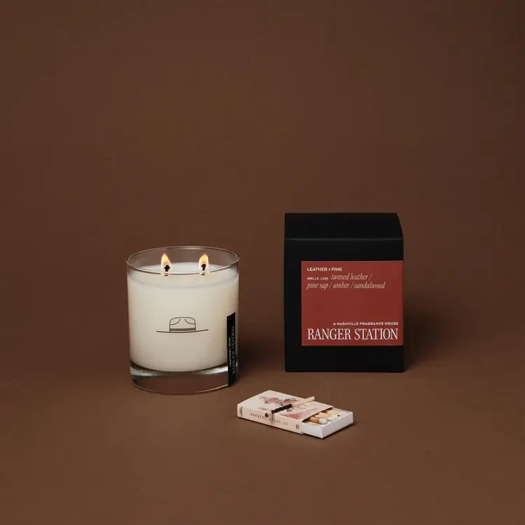 Ranger Station Leather + Pine Rocks Glass Candle