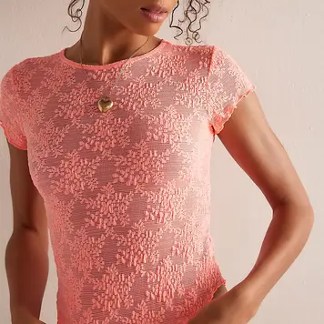 Free People Ready to Go Lace Tee / Flamingo - XS