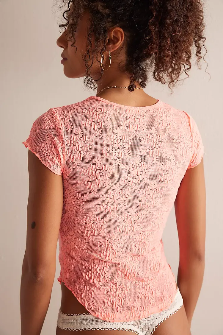 Free People Ready to Go Lace Tee / Flamingo - XS