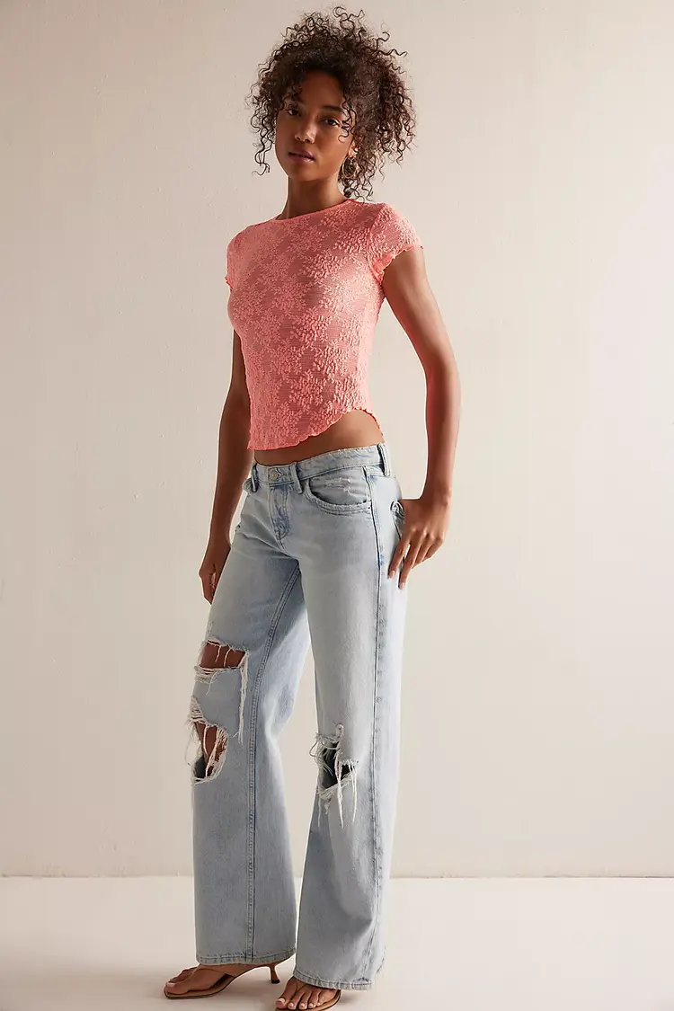 Free People Ready to Go Lace Tee / Flamingo - XS