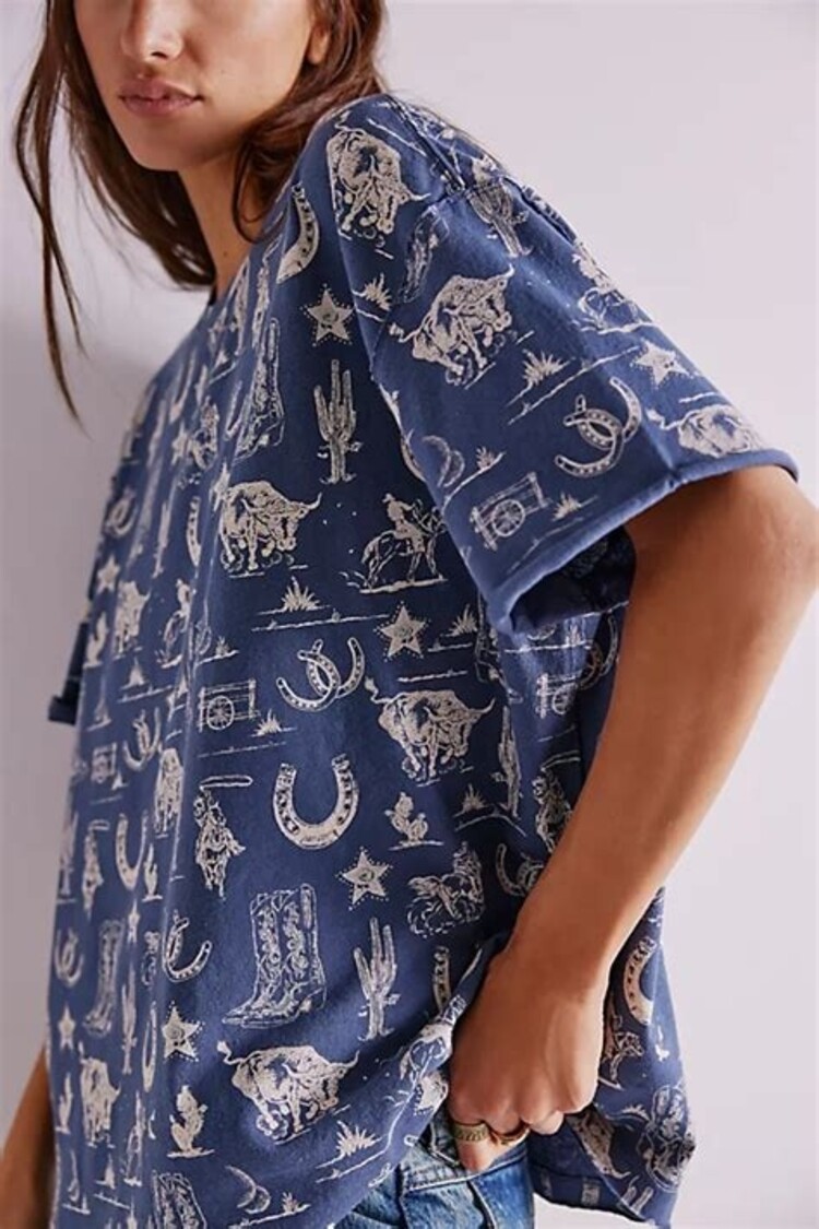 Free People Painted Floral Tee / Navy Combo - M