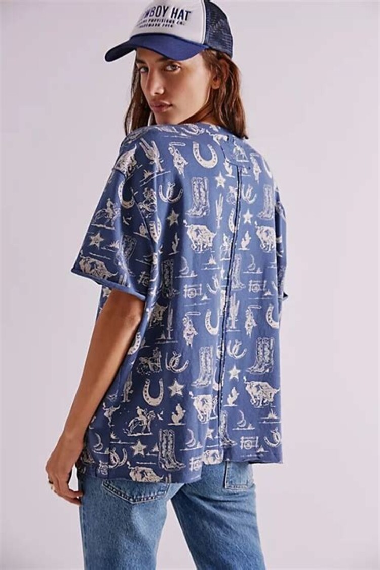 Free People Painted Floral Tee / Navy Combo - M