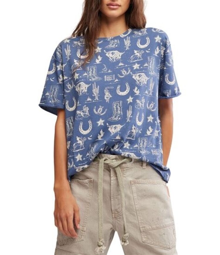 Free People Painted Floral Tee / Navy Combo - M