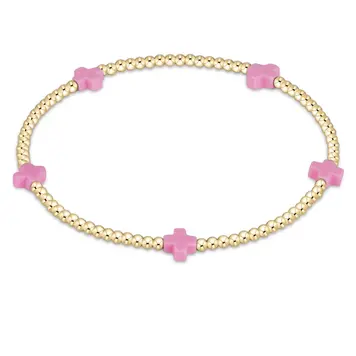 eNewton signature cross small gold pattern 2mm bead bracelet - pink