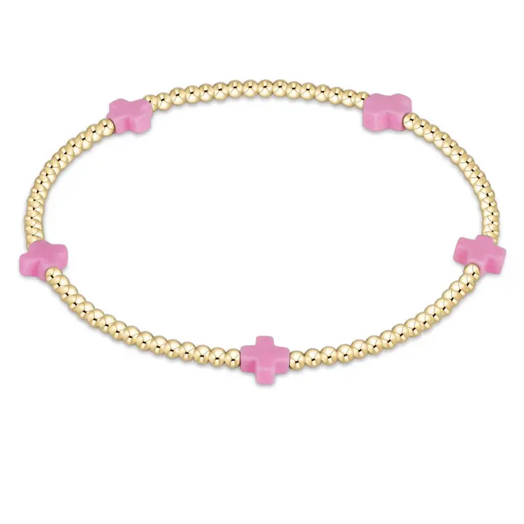 eNewton signature cross small gold pattern 2mm bead bracelet - pink