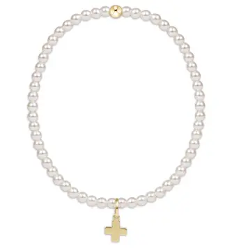 eNewton Extends classic pearl 3mm bead bracelet - signature cross gold charm
