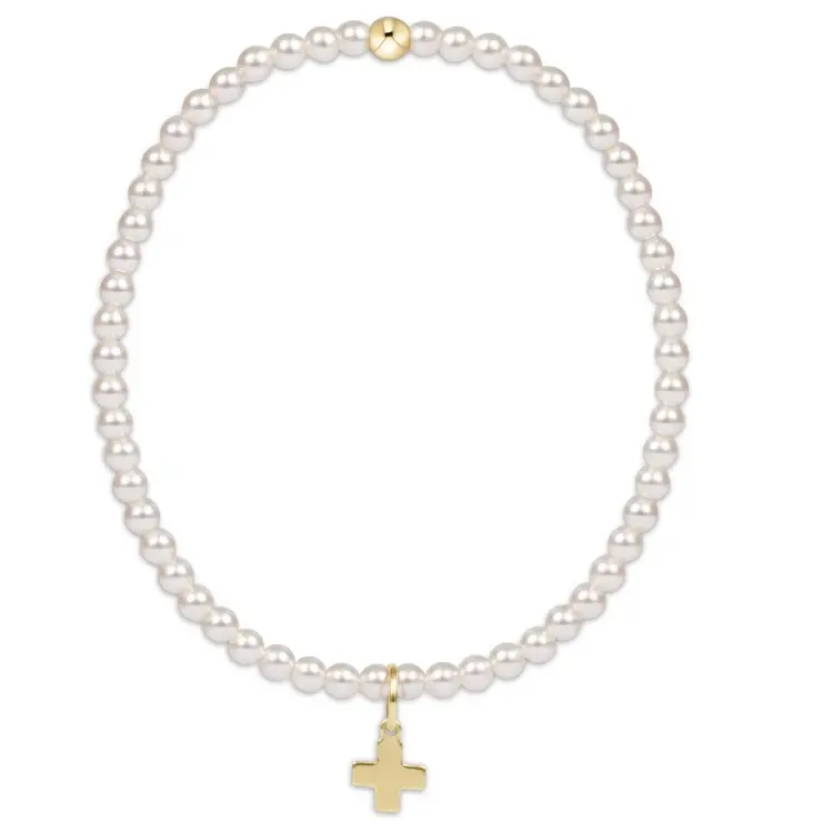 eNewton Extends classic pearl 3mm bead bracelet - signature cross gold charm