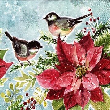 Boston International Cocktail Napkins / Poinsettia & Chickadees