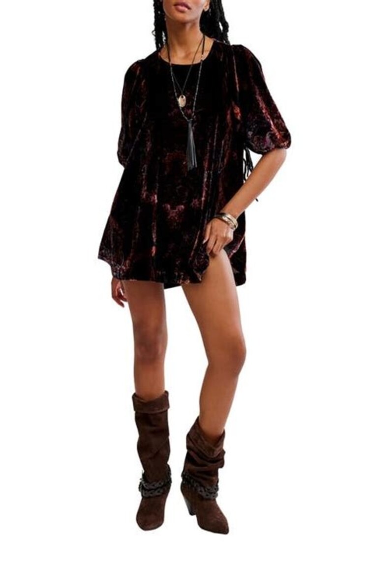 Free People MAYE PRINTED VELVET TUNIC / DARK BLACK COMBO - XS