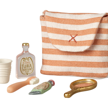 Maileg Toothbrush set in bag, Mouse - Coral stripe