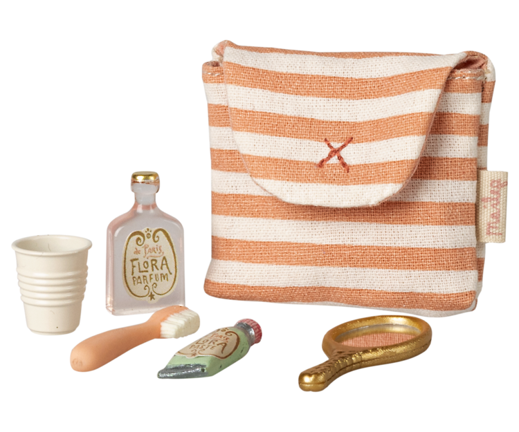 Maileg Toothbrush set in bag, Mouse - Coral stripe