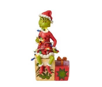 Grinch on Present Wrapped with String of Lights