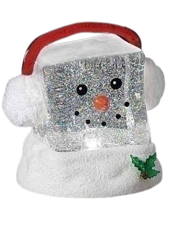 6.25"H LED SWIRL CUBE SNOWMAN HEAD W/EAR MUFFS;HOLLY