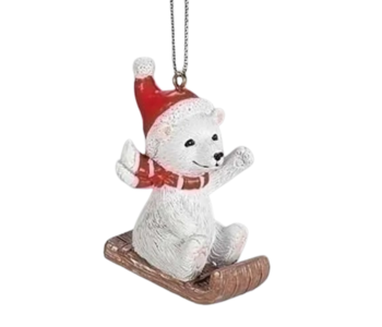 2"H Playful Bear Ornament - Sledding