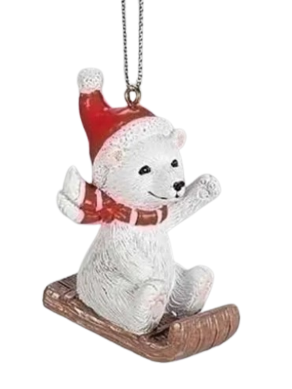 2"H Playful Bear Ornament - Sledding