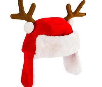 Red Plush Santa Hat With Antlers - Adult